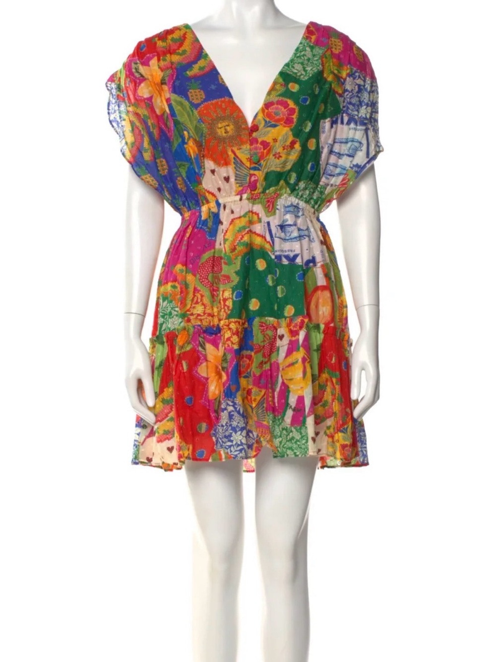 FARM Rio Sunny Print Patchwork V-Neck Mini Dress